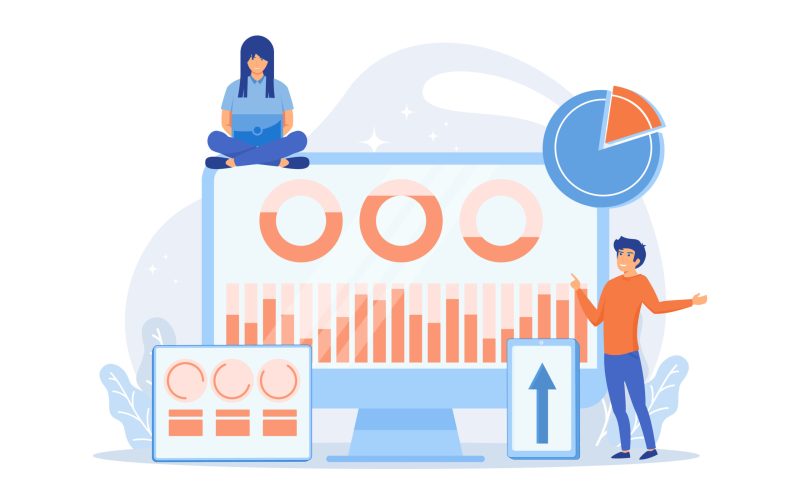 Customer managers working with customers pie charts and devices. Customer segmentation, internet marketing tool, target audience collection concept. flat vector modern illustration